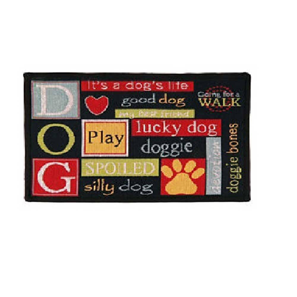 PB Paws & Co. Tapestry Pet Mat featuring an 'I Love Dogs' pattern, liquid-resistant and non-skid backing, perfect for pet lovers.